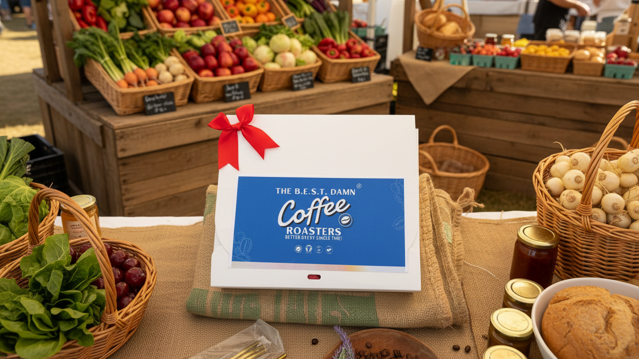 Gift box with a red ribbon and 'The Best Damn Coffee Roasters' logo on a white surface.